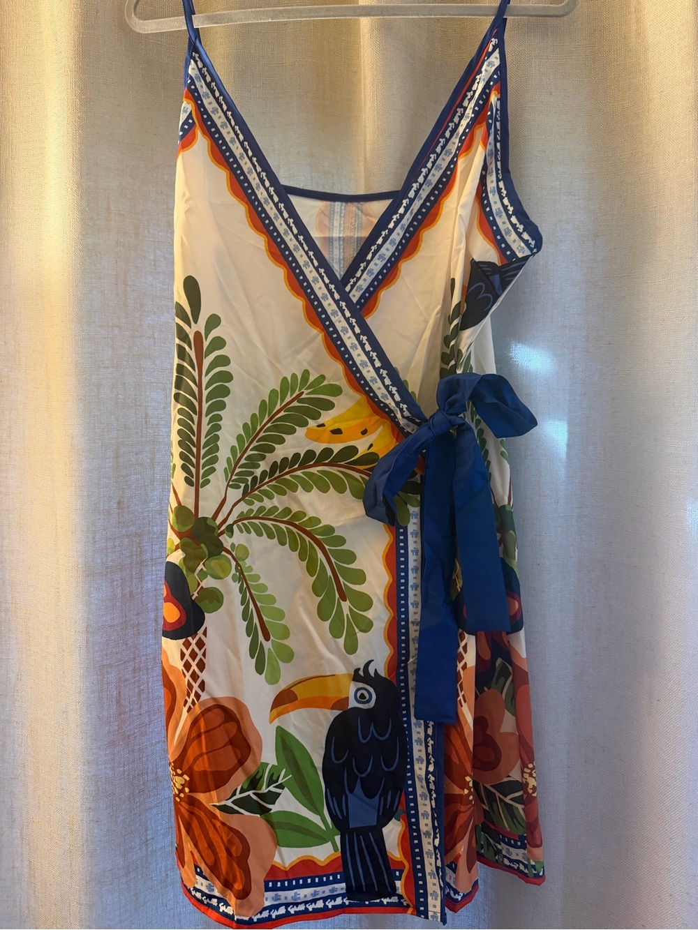 Summer Printed Slip Dress with Tropical Parrot Motif - White/Multicolor